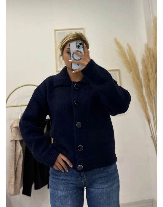 Lacivert Düğmeli Kalın Triko Hırka - Lacivert