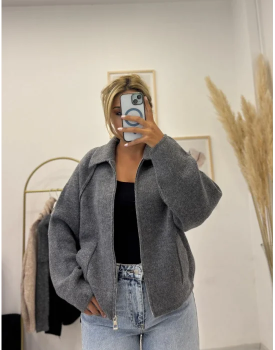 Gömlek Yaka Fermuarlı Triko Shacket - Gri