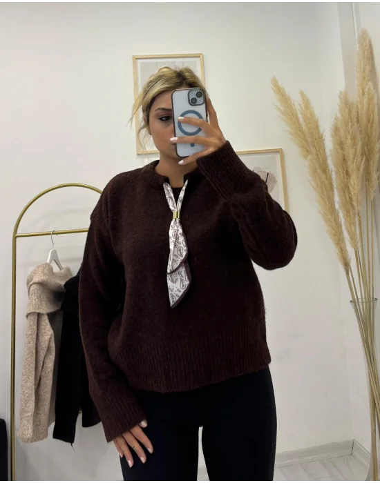 Fular Detaylı Uzun Kollu Triko - Koyu Kahverengi