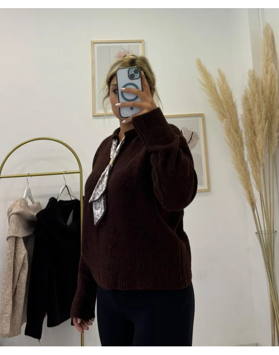Fular Detaylı Uzun Kollu Triko - Koyu Kahverengi
