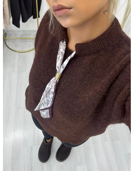 Fular Detaylı Uzun Kollu Triko - Koyu Kahverengi