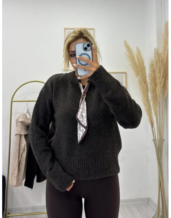 Fular Detaylı Uzun Kollu Triko Kazak - Koyu Haki