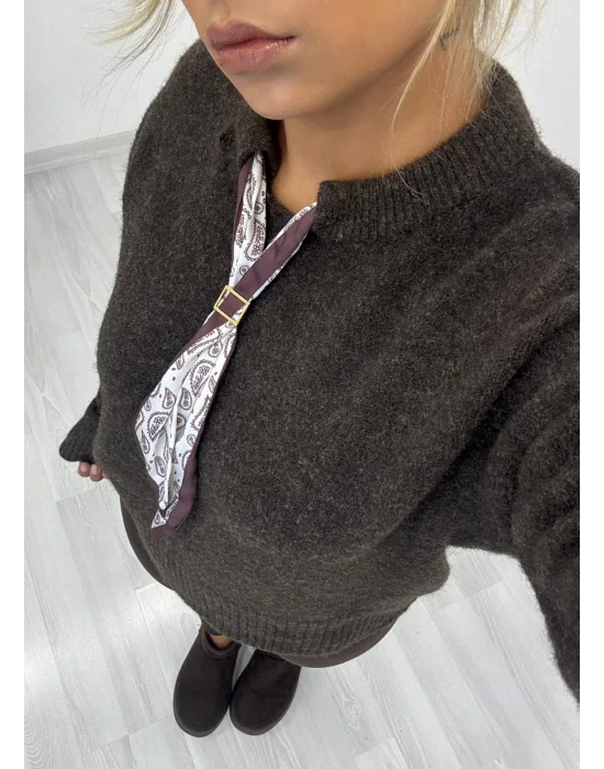 Fular Detaylı Uzun Kollu Triko Kazak - Koyu Haki