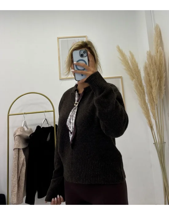 Fular Detaylı Uzun Kollu Triko Kazak - Koyu Haki