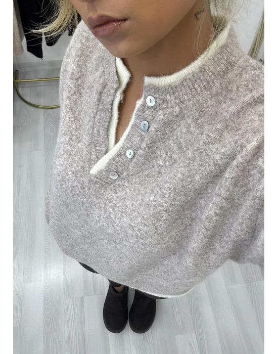 Oversize Düğmeli Henley Yaka Basic Triko Kazak - Bej/Ekru