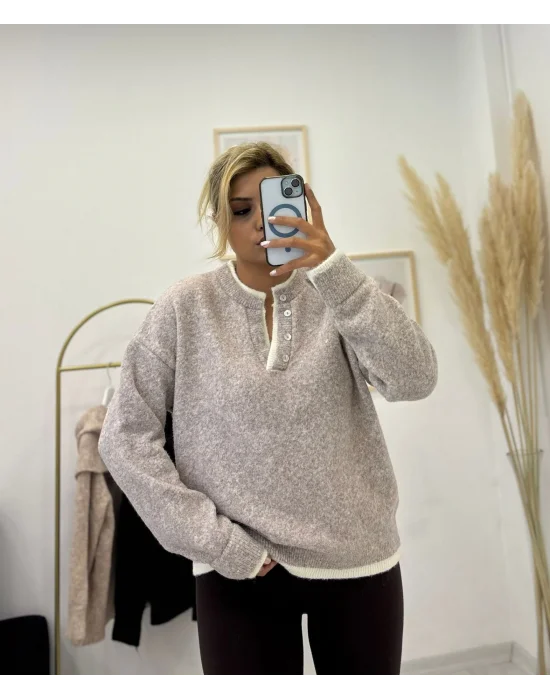 Oversize Düğmeli Henley Yaka Basic Triko Kazak - Bej/Ekru