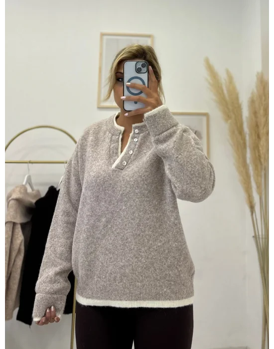 Oversize Düğmeli Henley Yaka Basic Triko Kazak - Bej/Ekru