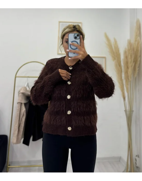 Tüylü Shaggy Triko Kısa Hırka - Gold Düğmeli Koyu Kahverengi