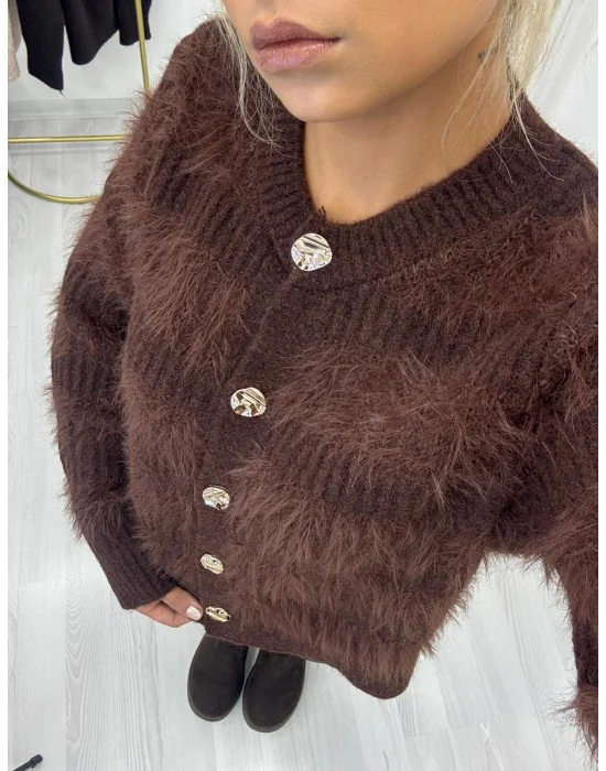 Tüylü Shaggy Triko Kısa Hırka - Gold Düğmeli Koyu Kahverengi
