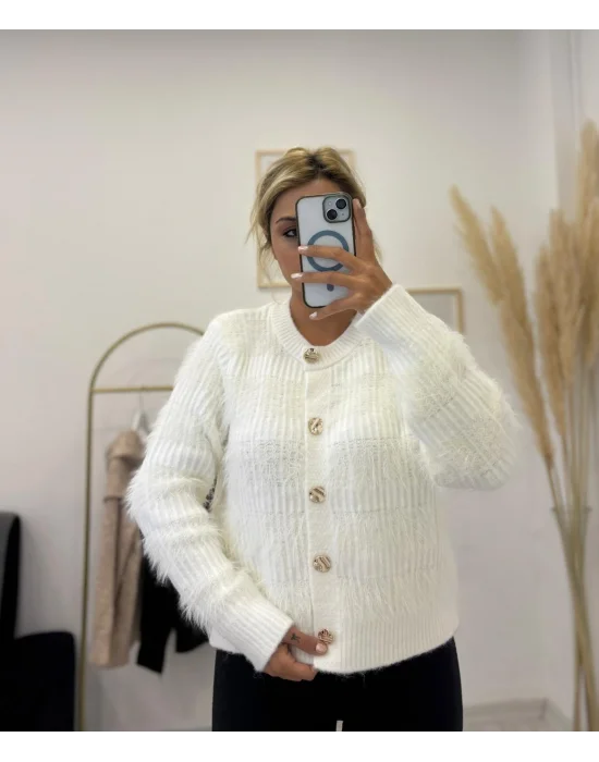 Tüylü Shaggy Triko Kısa Hırka - Gold Düğmeli Krem