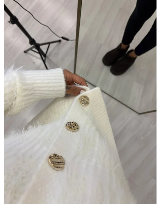 Tüylü Shaggy Triko Kısa Hırka - Gold Düğmeli Krem