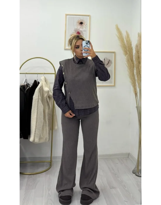 Fitilli Düğme Detaylı Triko Yelek - Hardal-Kahve