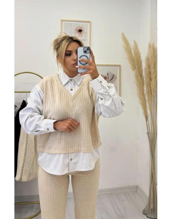 3 Parça Fitilli Triko Takım