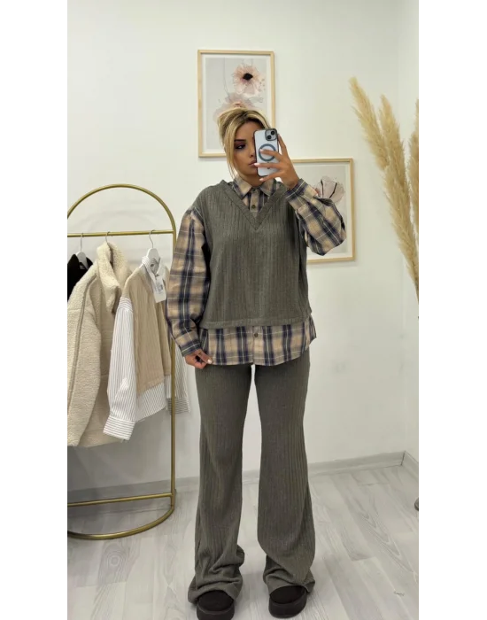 3 Parça Fitilli Triko Takım