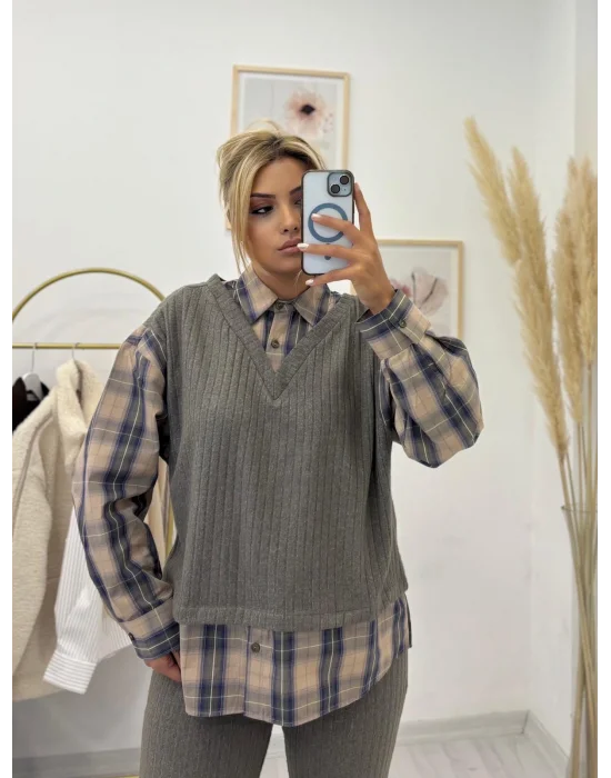 3 Parça Fitilli Triko Takım