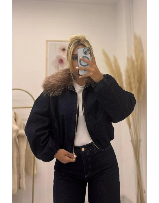 Peluş Yakalı Bomber Kesim Denim Ceket ve Geniş Paça Jean Takım - Koyu Lacivert