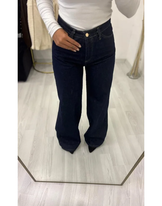 Peluş Yakalı Bomber Kesim Denim Ceket ve Geniş Paça Jean Takım - Koyu Lacivert