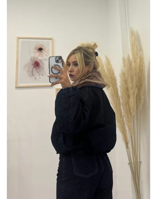 Peluş Yakalı Bomber Kesim Denim Ceket ve Geniş Paça Jean Takım - Koyu Lacivert