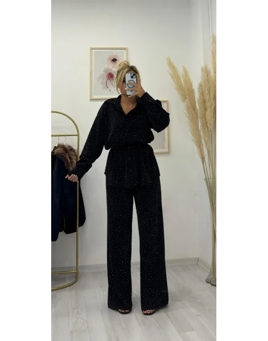 Full Taş İşlemeli Geniş Paça Pantolon ve Gömlek Takımı - Siyah