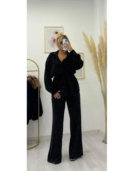 Full Taş İşlemeli Geniş Paça Pantolon ve Gömlek Takımı - Siyah