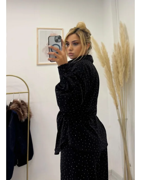 Full Taş İşlemeli Geniş Paça Pantolon ve Gömlek Takımı - Siyah