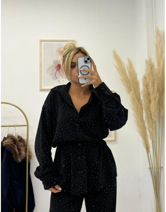 Full Taş İşlemeli Geniş Paça Pantolon ve Gömlek Takımı - Siyah