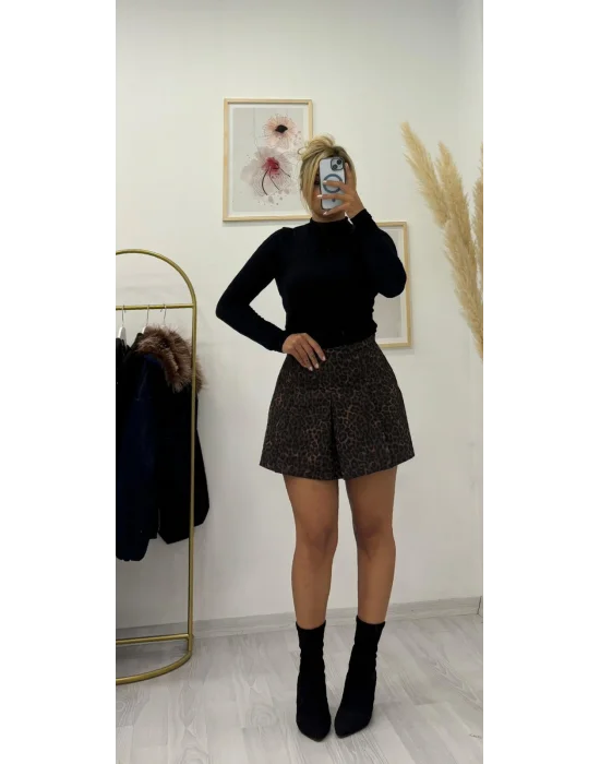 Yüksek Bel Pilili Leopar Desenli Şort Etek ( Kombinlenebilir. )