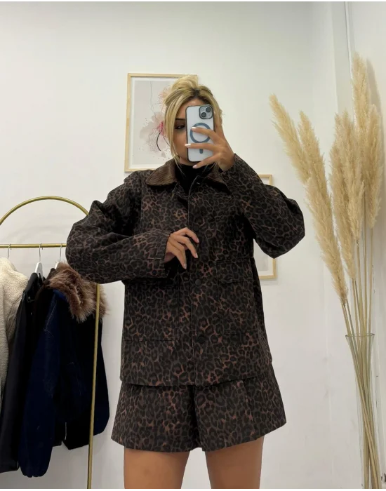 Leopar Desenli Kadife Yakalı, Tok Kumaş Ceket Gömlek ( Kombinlenebilir. )