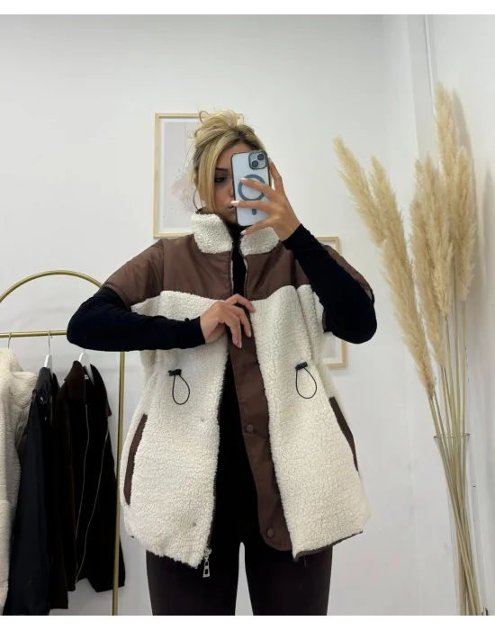 Renkli Bloklu Peluş (Teddy) Fermuarlı Dik Yaka Yelek