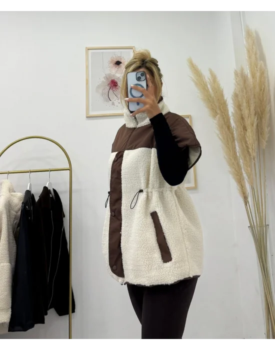 Renkli Bloklu Peluş (Teddy) Fermuarlı Dik Yaka Yelek