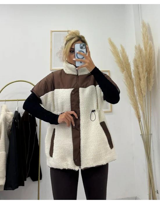 Renkli Bloklu Peluş (Teddy) Fermuarlı Dik Yaka Yelek