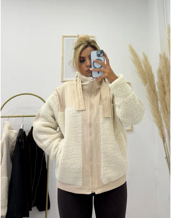 Peluş ve Kontrast Kumaş Detaylı, Dik Yaka Fermuarlı Mont Ceket - Ekru/Bej