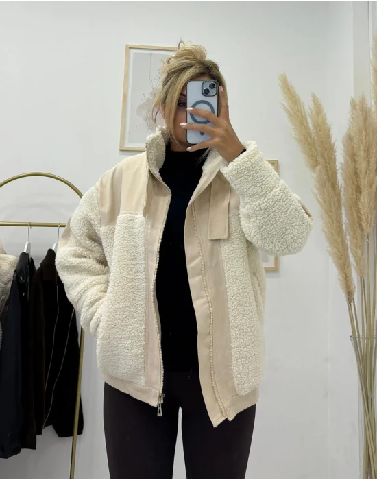 Peluş ve Kontrast Kumaş Detaylı, Dik Yaka Fermuarlı Mont Ceket - Ekru/Bej