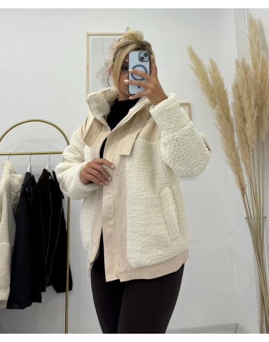 Peluş ve Kontrast Kumaş Detaylı, Dik Yaka Fermuarlı Mont Ceket - Ekru/Bej