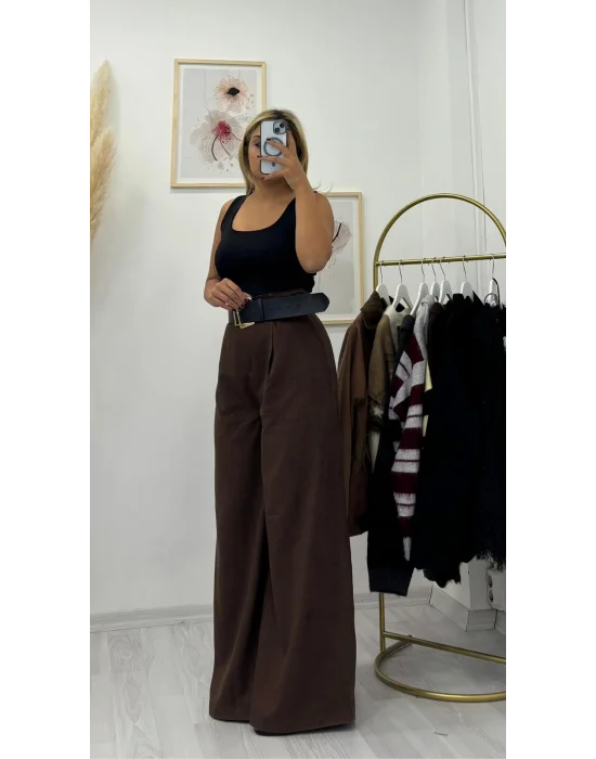 Yüksek Bel Tek Düğmeli Geniş Paça Süet Görünümlü Pantolon - Koyu Kahve