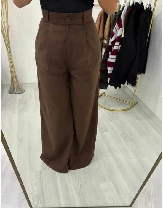 Yüksek Bel Tek Düğmeli Geniş Paça Süet Görünümlü Pantolon - Koyu Kahve