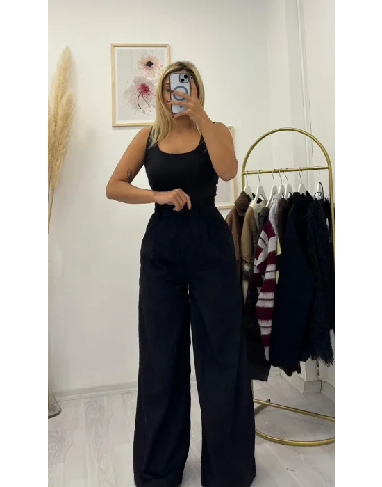 Yüksek Bel Tek Düğmeli Geniş Paça Süet Görünümlü Pantolon - Siyah