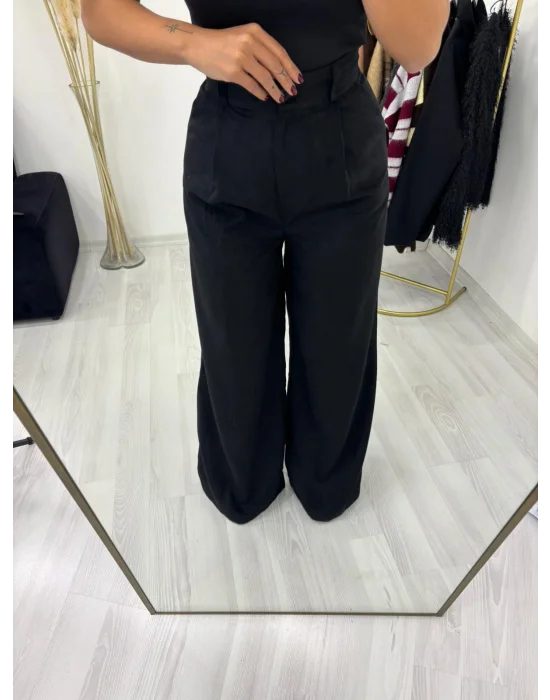 Yüksek Bel Tek Düğmeli Geniş Paça Süet Görünümlü Pantolon - Siyah