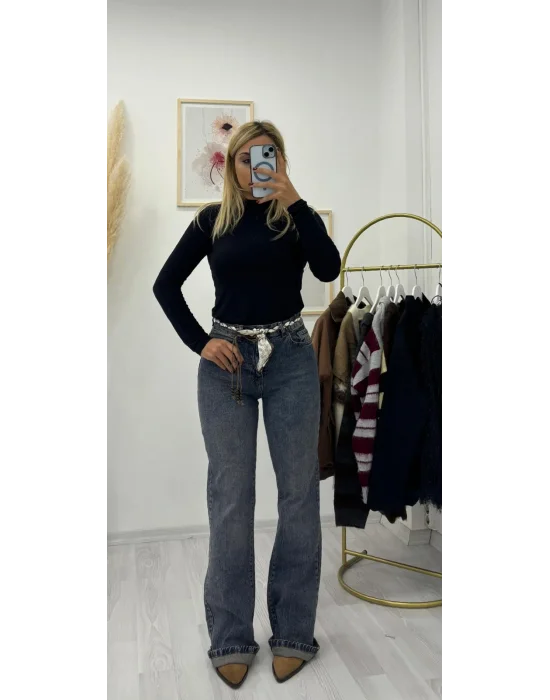 Fular Kemerli Yüksek Bel Düz Paça Jean - Füme Gri