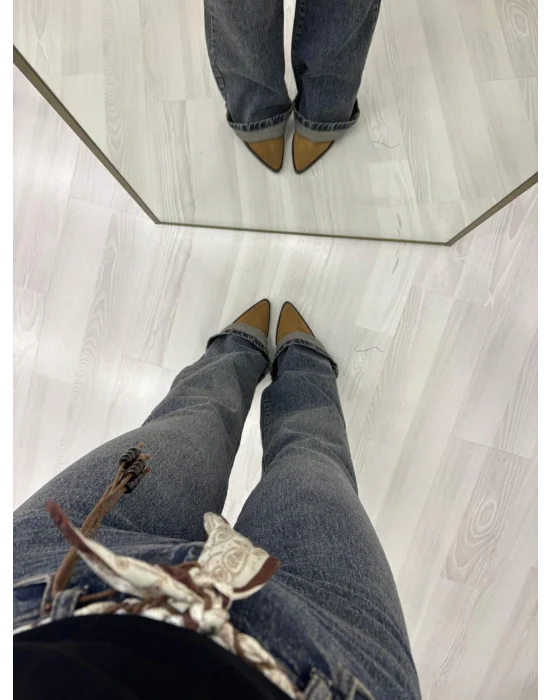 Fular Kemerli Yüksek Bel Düz Paça Jean - Füme Gri