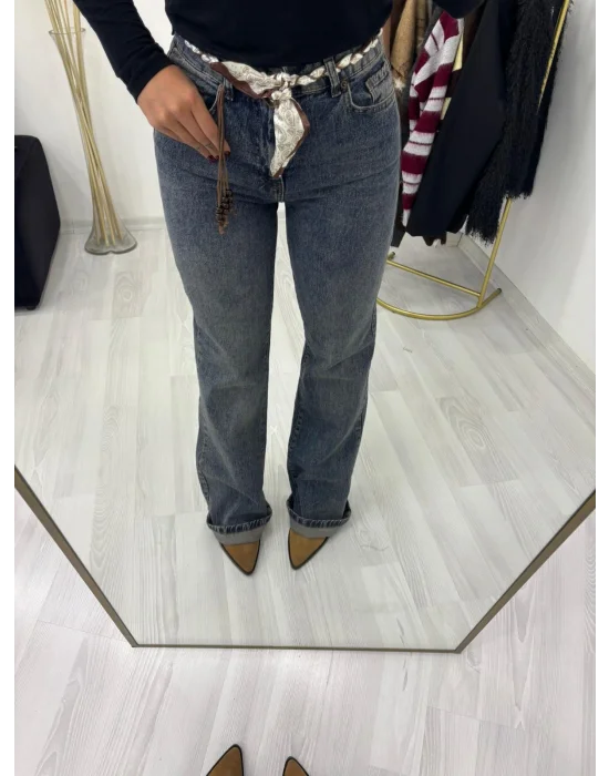 Fular Kemerli Yüksek Bel Düz Paça Jean - Füme Gri