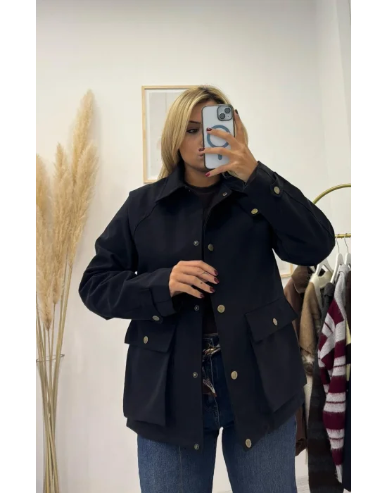 Safari Yaka Gold Düğmeli Tok Kumaş Mont - Siyah.