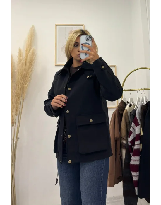 Safari Yaka Gold Düğmeli Tok Kumaş Mont - Siyah.