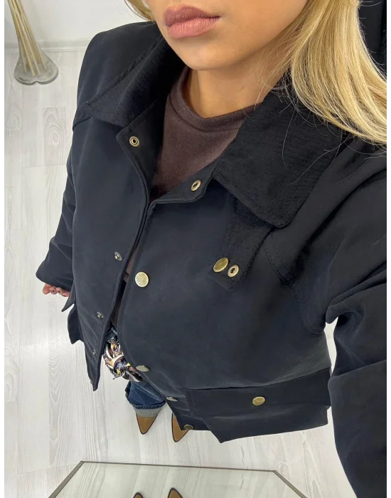 Safari Yaka Gold Düğmeli Tok Kumaş Mont - Siyah.