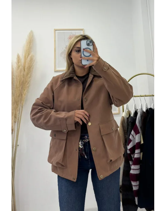 Safari Yaka Gold Düğmeli Tok Kumaş Mont - Taba