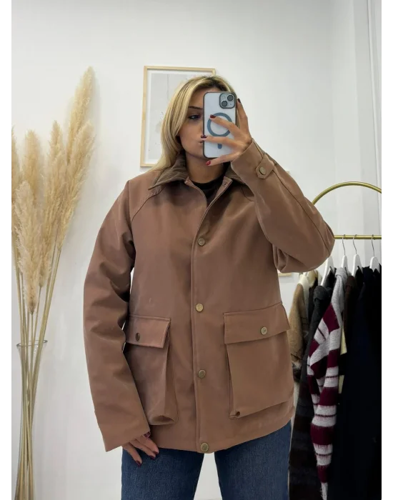 Safari Yaka Gold Düğmeli Tok Kumaş Mont - Taba