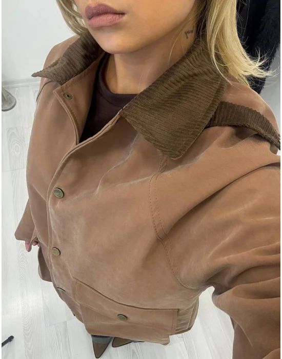 Safari Yaka Gold Düğmeli Tok Kumaş Mont - Taba