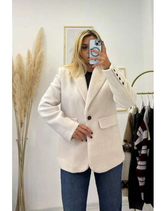 Yün Kaşe Tek Düğmeli Blazer Ceket - Krem