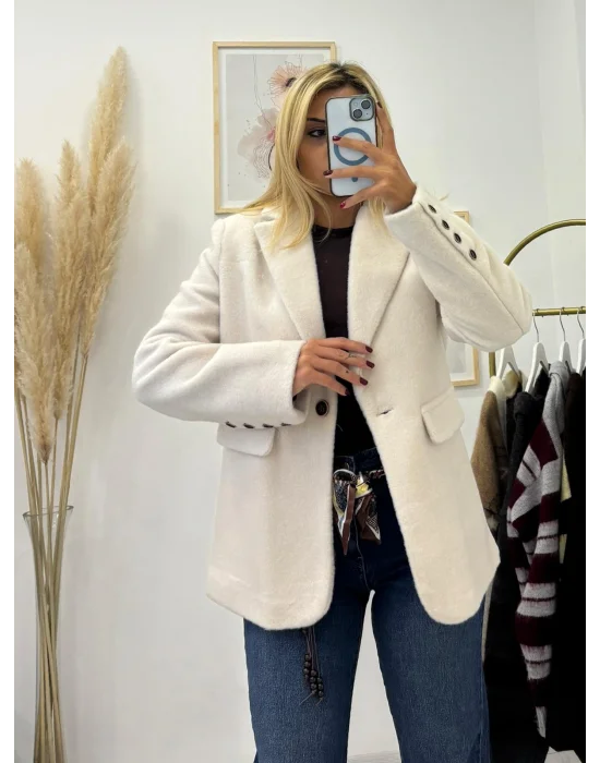 Yün Kaşe Tek Düğmeli Blazer Ceket - Krem