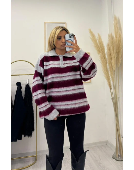 Polo Yaka Çizgili Tüylü Triko Kazak - Bordo Gri